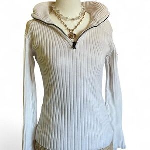 Women's Ribbed White Sweater with zipper details
